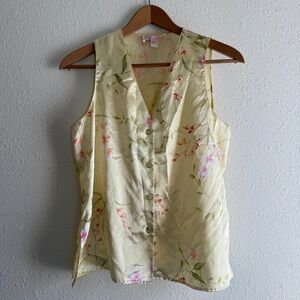 Oscar De La Renta Yellow Floral Silky Button Down Vest SIze Large
